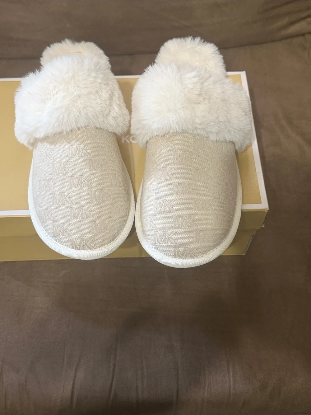 Michael Kors Tula Scuff Cream Faux-Fur Logo Slide Slippers